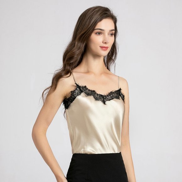 Silk Cami Beige 100% Silk Camisole Lace Tank Top - Picture 1 of 8